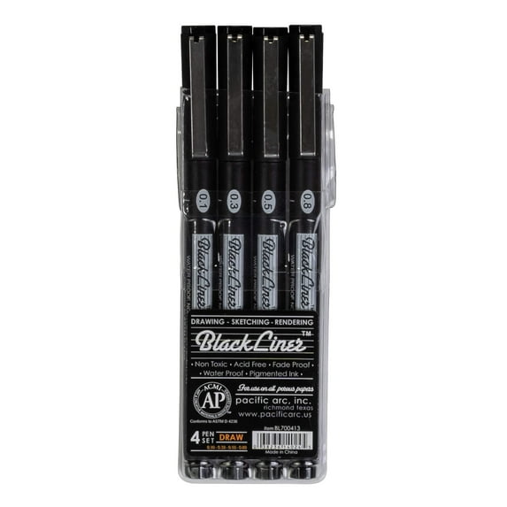 Pacific Arc, Blackliner Black Fineliner Pens, Set of 4 Differently Sized Fine Drawing Pens for Artists, Sketching Pens, Journaling Pens, Hand Lettering Pens, and Calligraphy Pens