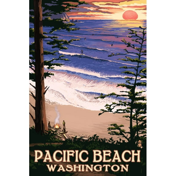 Pacific Beach, Washington, Sunset Beach and Surfers (9x12 Wall Art Print, Home Decor)