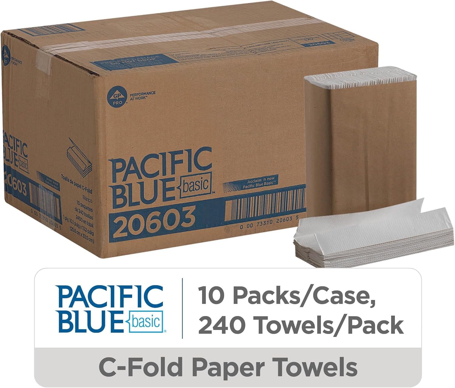 Pacific Blue Basic‚ C-Fold Paper Towels (Previously Branded Acclaim) by GP PRO, White, 20603, 240 Towels per Pack, 10 Packs per case