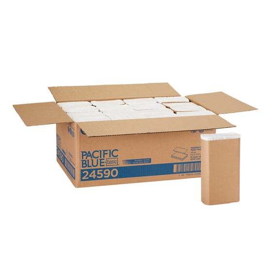 Pacific Blue Basic™ By GP PRO™ M-Fold 1-Ply Paper Towels, 9-1/2" x 9-3/8", 100% Recycled, White, 250 Towels Per Pack, Case Of 16 Packs