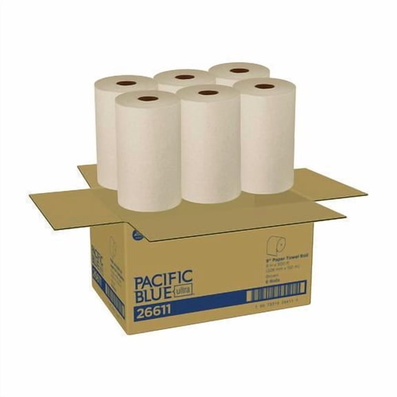 Pacific Blue Ultra Paper Towels, 1-Ply, 9" x 6,000 ft, Brown, 6/Carton | Bundle of 5