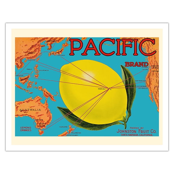 Pacific Brand - Johnston Fruit Co. - Pacific Ocean Map Routes - Citrus - Vintage Fruit Crate Label c.1917 - Fine Art Matte Paper Print (Unframed) 11x14in
