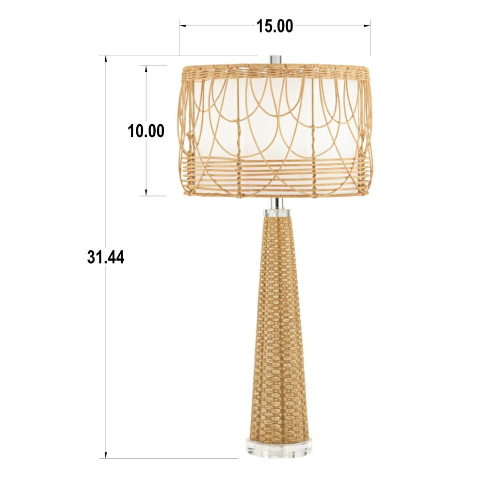 Large Beige Faux Rattan Coastal Table Lamp with White Shade