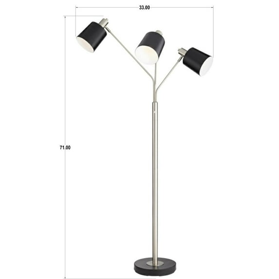 Pacific Coast Lighting Mid Century Modern 72" Tall Standing Floor Lamp Large Arc 3-Light Silver Metal Nickel Finish Black Shade