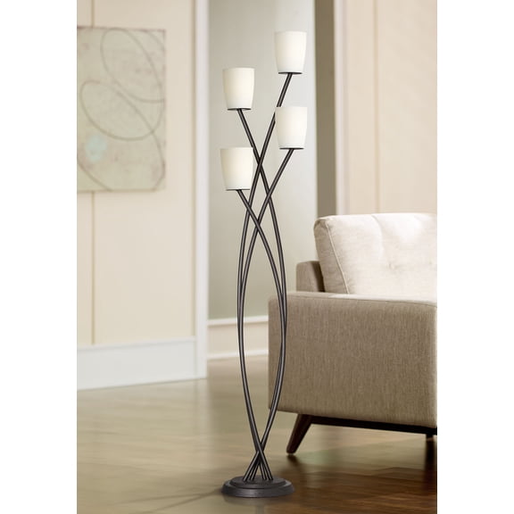 Kathy Ireland Metro Modern 68" Tall Standing Floor Lamp Uplight 4-Light Foot Switch Black Metal Living Room Glass White Shade