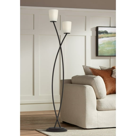 Kathy Ireland Everly Farmhouse Rustic 62 1/2" Tall Standing Floor Lamp 2-Light Foot Switch Black Metal Glass White Shade