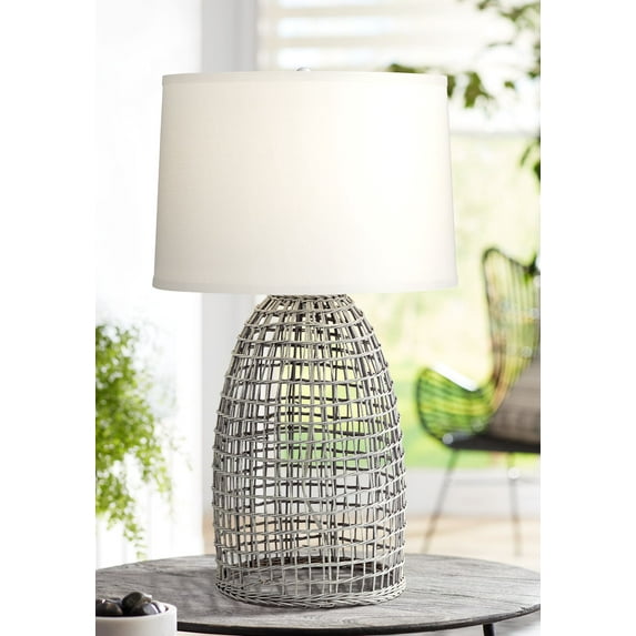 Pacific Coast Lighting Oahu 28 1/4" Tall Basket Modern Coastal End Table Lamp Cool Gray Finish Rattan Single Living Room Bedroom