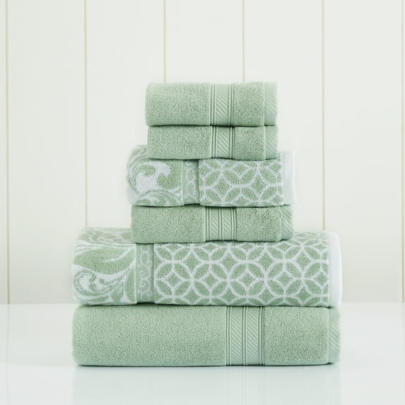 Pacific Coast Textiles Trefoil Filigree 6-Piece Cotton Adult Bath Towel Set, Sage