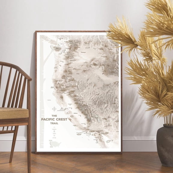 Pacific Crest Trail Hiking Map Poster, Mountain Adventure Wall Art, Unframed Paper Poster 8x10in