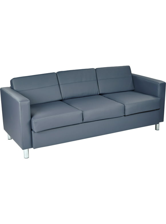 Pacific Dillon Blue Vinyl Sofa Couch with Box Spring Seats and Silver Color Legs