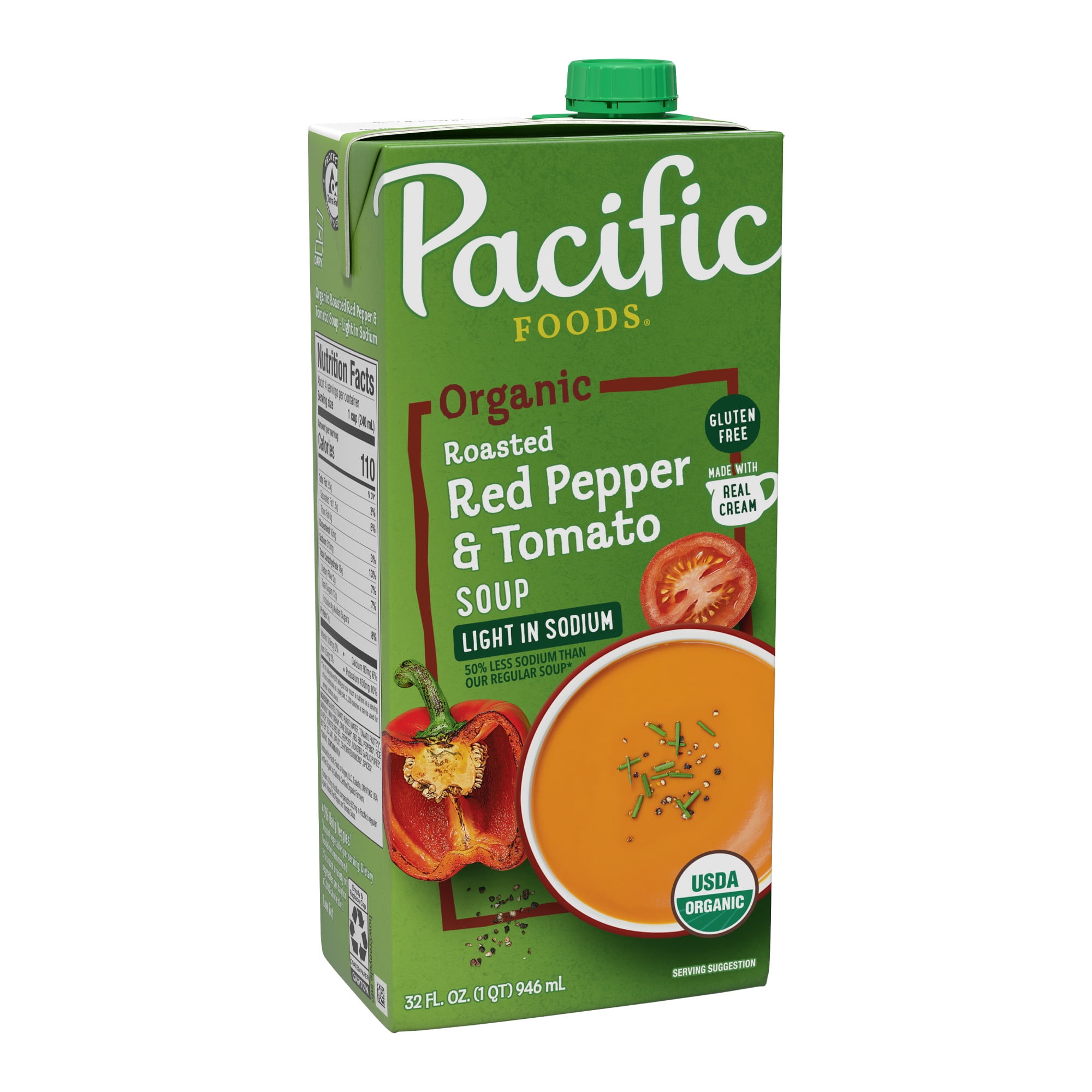 Pacific Foods Light in Sodium Organic Roasted Red Pepper and Tomato Soup, 32 oz Carton