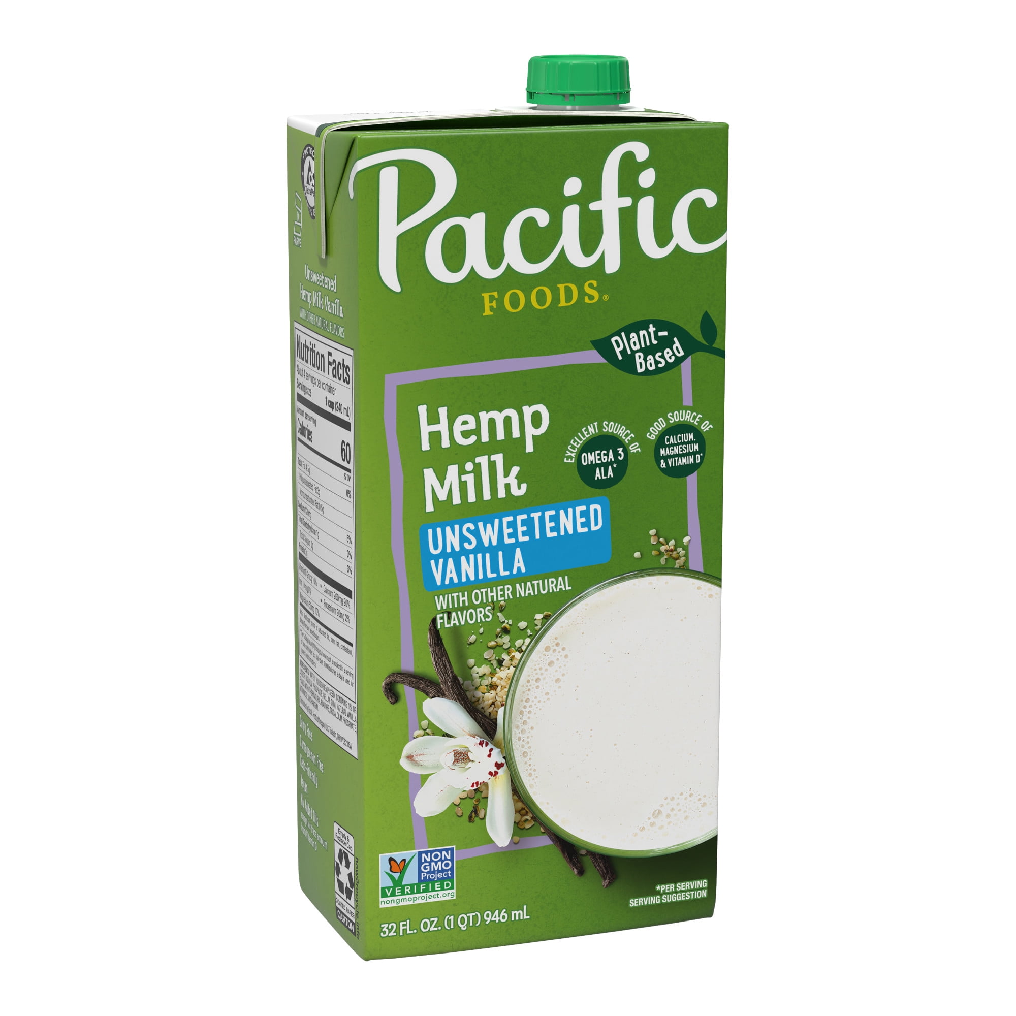 Pacific Foods Unsweetened Vanilla Hemp Milk, Plant Based Milk, 32 oz
