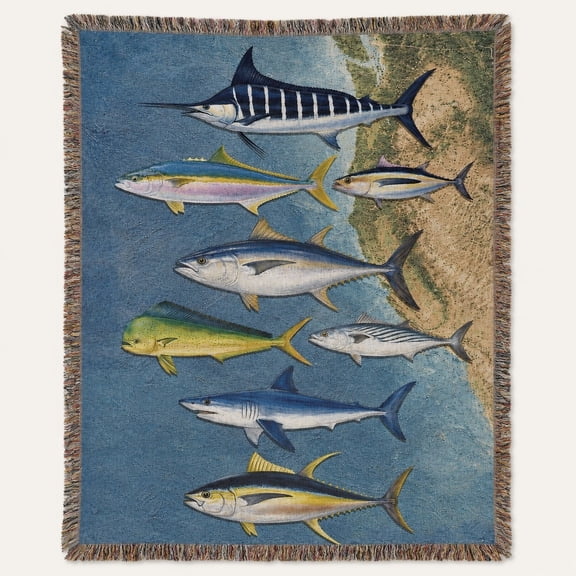 Pacific Game Fish Woven Blanket, Cotton Throw with Fringed Edges, Coastal Map Design