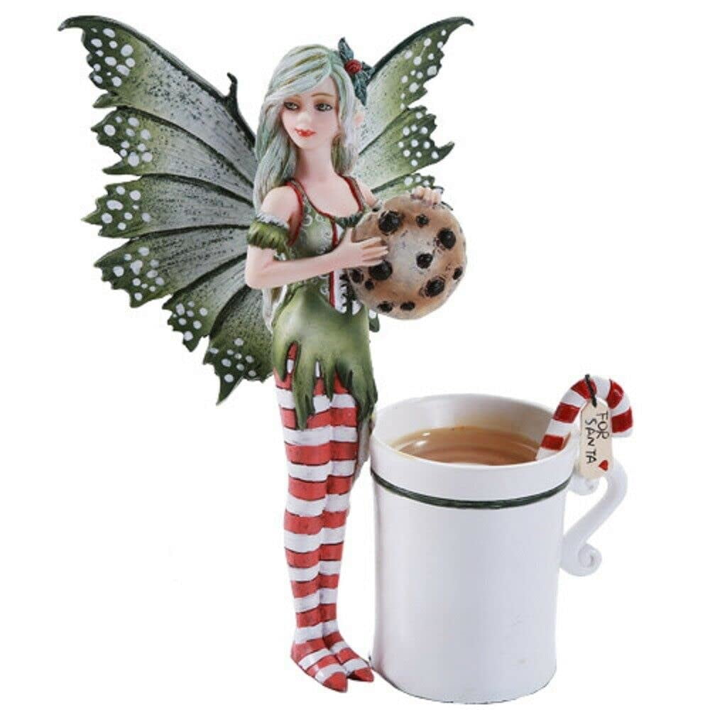 Green and Red Striped Christmas Fairy Figurine with Cookie and Cup