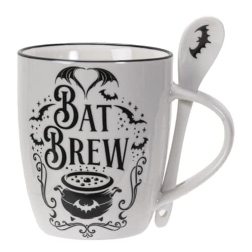 Pacific Giftware Bat Brew Mug and Spoon Set, Gothic China Tea Kit with 2 Pieces, 5.31 Inches x 3.78 Inches x 4.29 Inches, 13 FL OZ