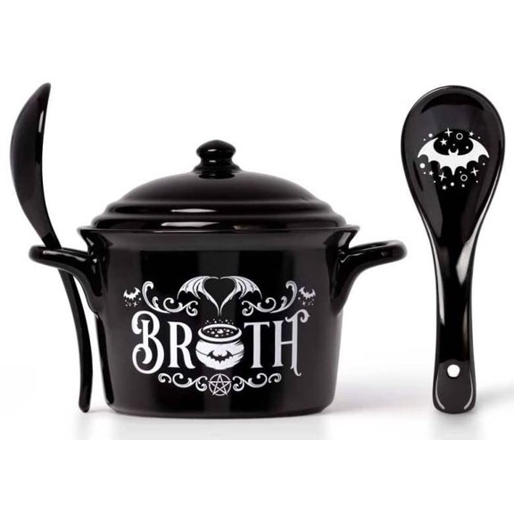 Pacific Giftware Bat Broth Soup Bowl With Serving Spoon, 5.91-Inch Width, Black