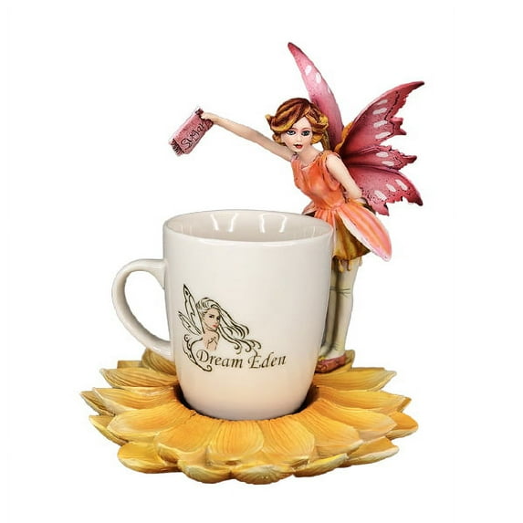 Pacific Giftware Dream Eden Red Tea Sunflower Fairy Figurine with Drinking Mug