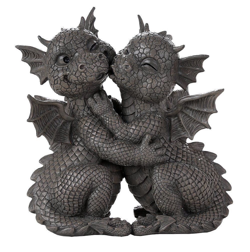 Gray Resin Loving Dragon Couple Garden Sculpture, 10 Inches Tall