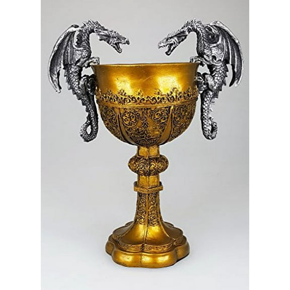 Pacific Giftware King Arthur's Fantasy Golden Chalice with Dual Dragon Wine Goblet Sculptural Decor