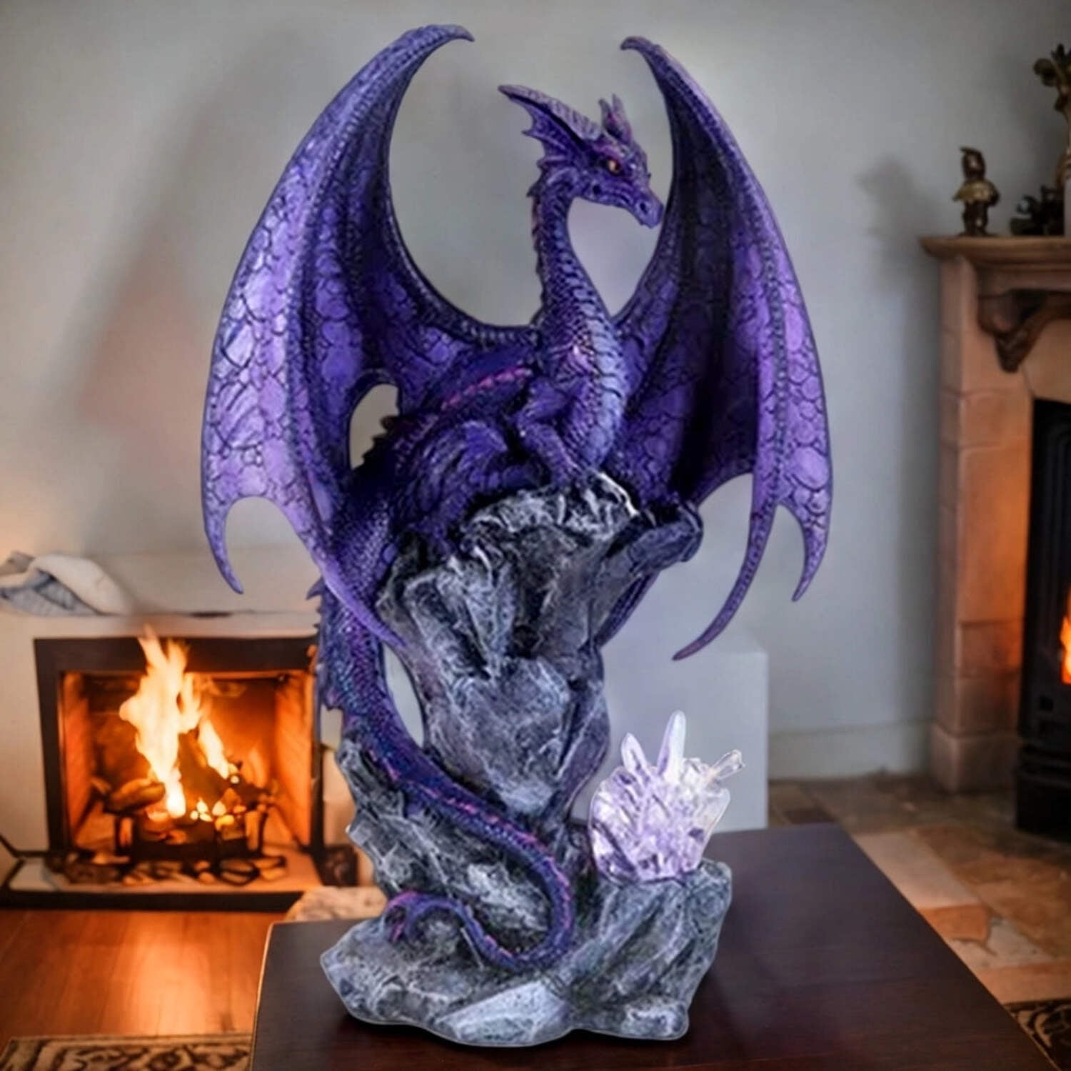 Large Winged Purple Dragon Resin Statue with LED Light