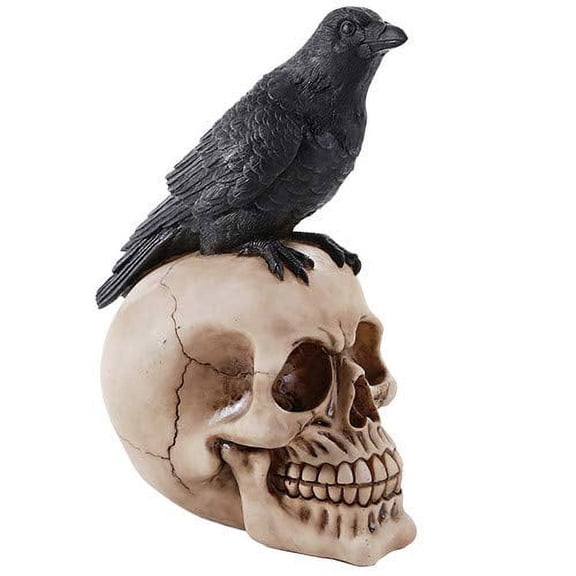 Pacific Giftware Perched Raven On Skull Poe Raven Figurine, 8.5 inches tall