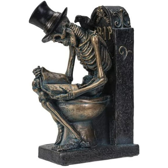Pacific Giftware RIP Bronze Finish Skeleton Reading on Toilet Tombstone Bathroom Office Decor 8 Tall