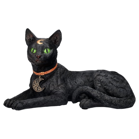 Pacific Giftware Realistic Black Cat Laying Sculpture with Crescent Moon and Wicca Charm 7 Tall