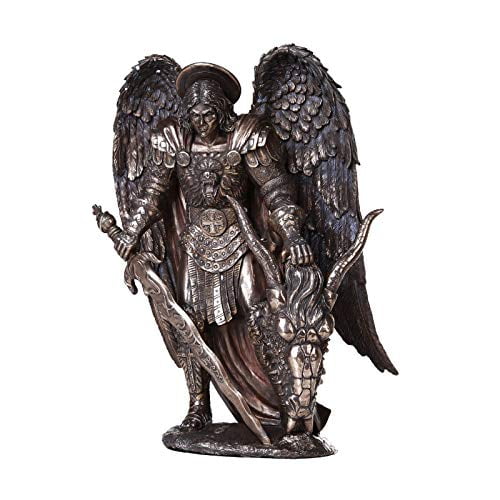 Polished Metal St. Michael Slaying Dragon Statue, 16 Inches