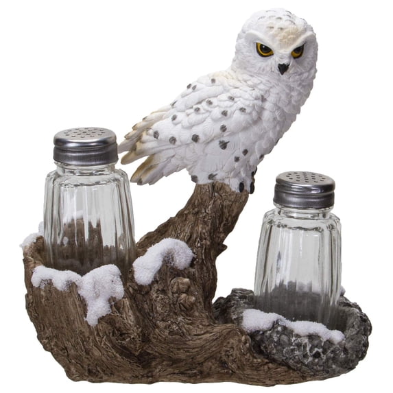 Pacific Giftware Perching On Tree Branch Salt and Pepper Shakers Set with Holder, 6.25" x 3" x 6.5", Snowy Owl