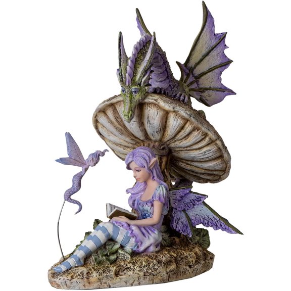 Pacific Giftware A Storyteller Purple Fairy Accompanied by Pixie Fairy and Dragon Nested On A Toadstool Mushroom Sculpture 9 Inch Tall by Amy Brown (Light Purple Fairie with Dragon)