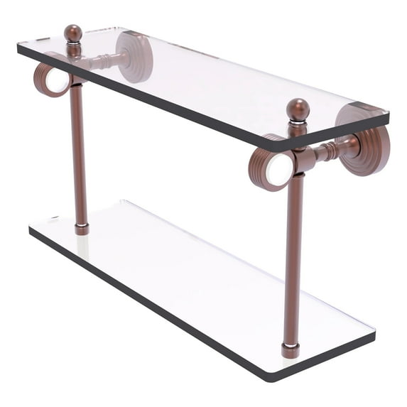 Pacific Grove Collection Two Tiered Glass Shelf with Grooved Accents - Antique Copper / 16 Inch
