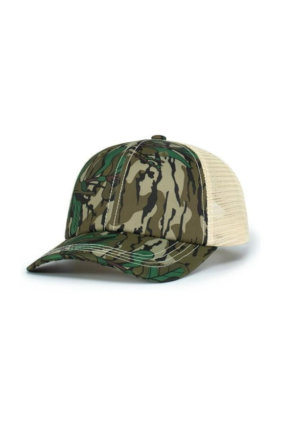 P640.2P3.OS Vintage Mossy Oak Trucker Cap, Greenleaf & Tan - One Size
