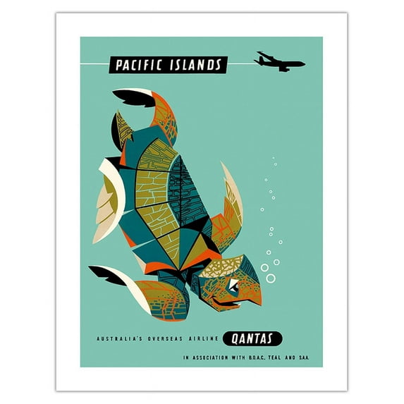 Pacific Islands - Qantas Airways - Green Sea Turtle - Vintage Airline Travel Poster by Harry Rogers c.1960s - Bamboo Fine Art 290gsm Paper (Unframed) 17x22in
