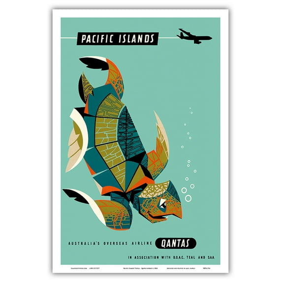 Pacific Islands - Qantas Airways - Green Sea Turtle - Vintage Airline Travel Poster by Harry Rogers c.1960s - Master Art Print (Unframed) 12in x 18in