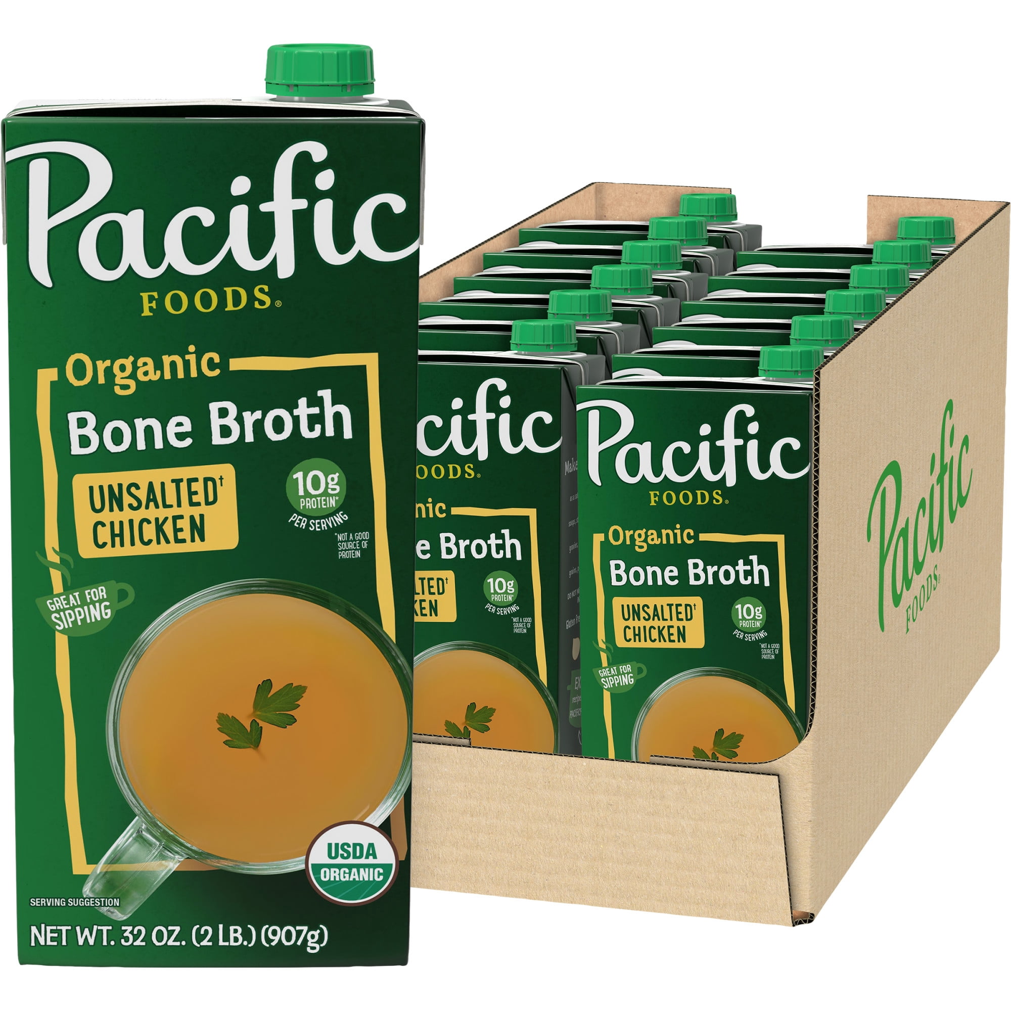 (12 pack) Pacific Foods Organic Unsalted Chicken Bone Broth, 32 oz Carton