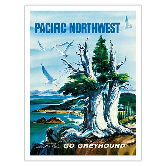 Pacific Northwest - Go Greyhound (Greyhound Bus Lines) - Vintage Travel Poster by S. Heming c.1958 - Bamboo Fine Art 290gsm Paper (Unframed) 12x16in