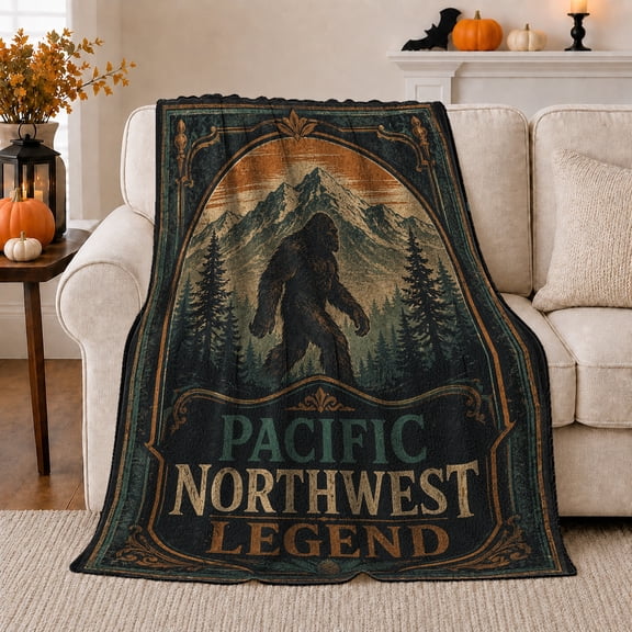 Pacific Northwest Legend Bigfoot, Mysterious Vintage Style for Outdoor Enthusiasts, Cozy Mountain Forest Scene, Flannel Blanket for Cabin and Lodge, Father's Day Gift and Rustic Home Decor
