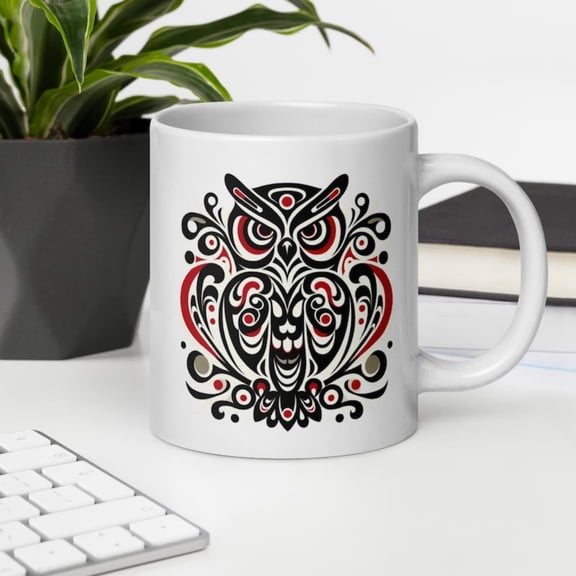 Pacific Northwest Owl Mug Indigenous Coffee Cup Art Gift Wild Totem Design.