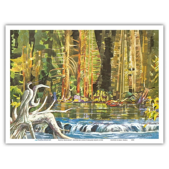 Pacific Northwest - Secluded Waters - United Air Lines - Vintage Airline Travel Poster by Millard Sheets c.1958 - Master Art Print (Unframed) 9in x 12in