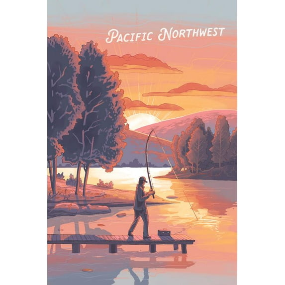 Pacific Northwest, This is Living, Fishing with Hills (24x36 Giclee Gallery Art Print, Vivid Textured Wall Decor)