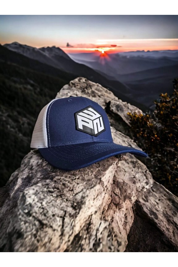 Pacific Northwest Trucker Hat with PNW Patch - Navy Blue on White Mesh