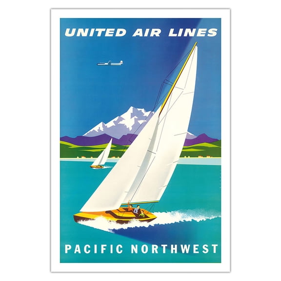 Pacific Northwest - United Air Lines - Sailboats and Snow Capped Glacier Mountains - Vintage Airline Travel Poster by Joseph Binder c.1960s - Fine Art Matte Paper Print (Unframed) 30x44in