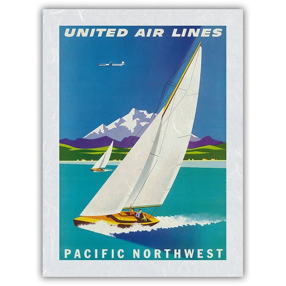Pacific Northwest - United Air Lines - Sailboats and Snow Capped Glacier Mountains - Vintage Airline Travel Poster by Joseph Binder c.1960s - Japanese Unryu Rice Paper Art Print (Unframed) 12 x 16 in