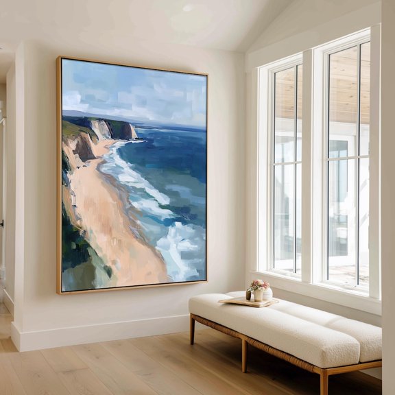 Pacific Ocean Cliff Art Modern Beach House Decor Vertical Artwork In Wrapped Art Or Cotton Rag Paper Framing Available, Unframed Paper Print