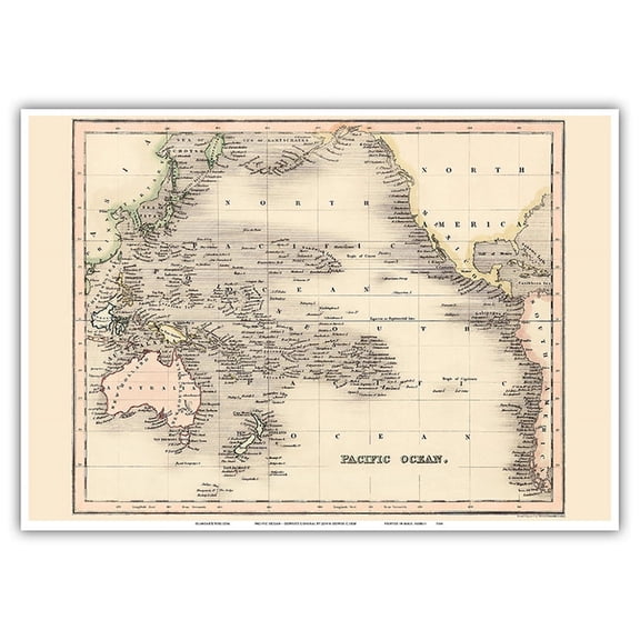 Pacific Ocean - Dower's General Atlas of the Earth - Vintage Colored Engraved Cartographic Map by John Dower c.1838 - Master Art Print 10in x 14in