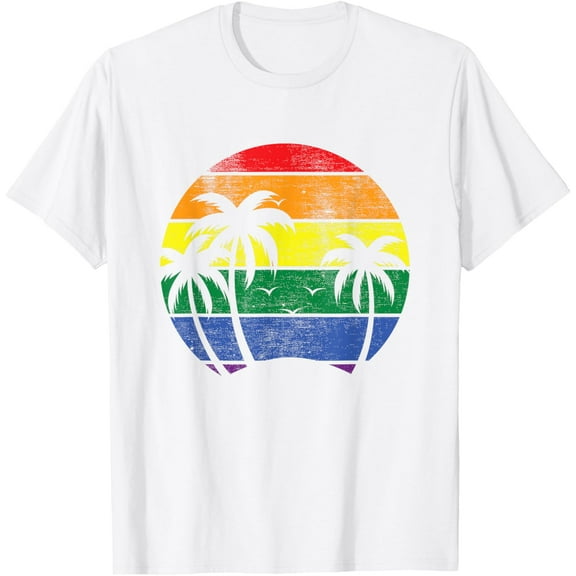 Pacific Ocean Palm Trees With Vintage LGBT Rainbow Sunset T-ShirtMen and women, White T-shirt, size: Extra large