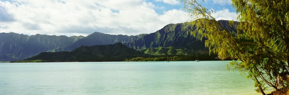 Pacific Ocean with mountain range in the background Koolau Range Oahu Hawaii USA Canvas Art - Panoramic Images (36 x 12)