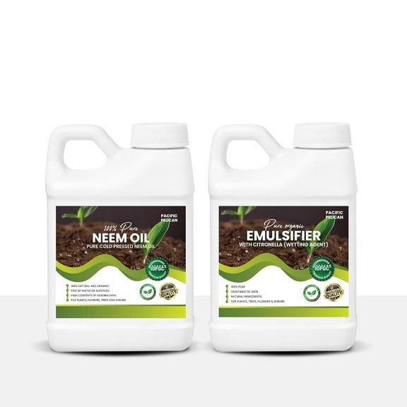 Pacific Pelican 100% Pure Neem Oil & Citronella Emulsifier Combo - Natural Plant Care and Wetting Agent for Plants, Trees (32 oz)