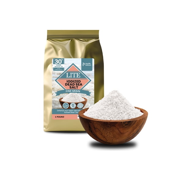 Pacific Pelican 30% Less Sodium Iodized Dead Sea Lite Salt - Fine Grain | Unrefined Kosher, Natural Iodized, Low Sodium Salt for Cooking, Seasoning & Baking (1 lb)