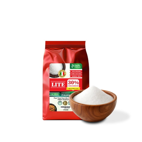 Pacific Pelican 30% Less Sodium Iodized Lite Italian Sea Salt, 30% Less Sodium, Fine Grain, 1 Pound, Natural & Organic; best for thyroid function ; wellness; paleo and gluten free